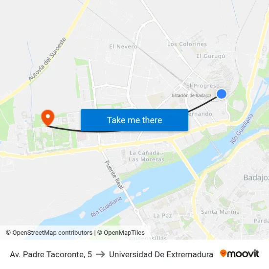 Av. Padre Tacoronte, 5 to Universidad De Extremadura map