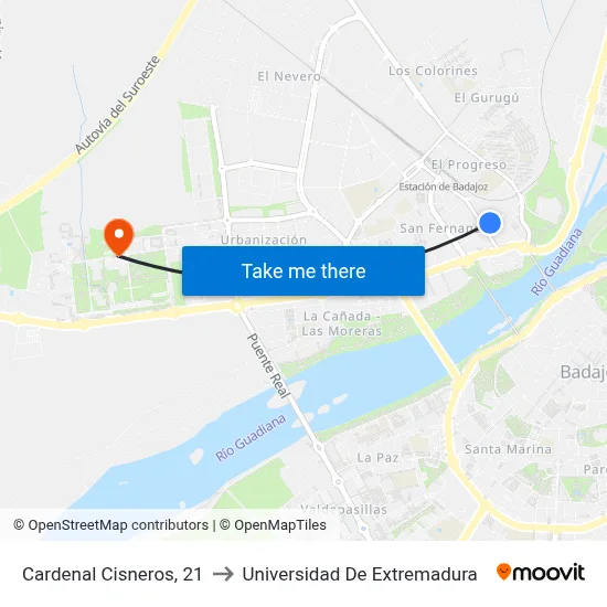 Cardenal Cisneros, 21 to Universidad De Extremadura map