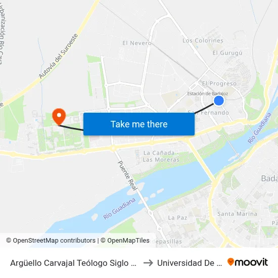 Argüello Carvajal Teólogo Siglo Xvii, 28 (Calle Canarias) to Universidad De Extremadura map
