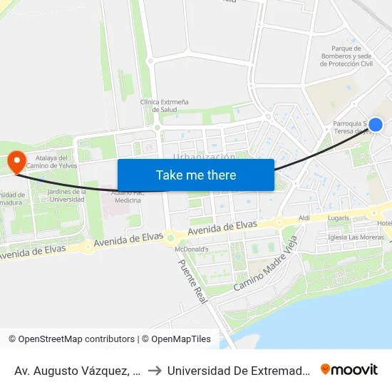 Av. Augusto Vázquez, 24 to Universidad De Extremadura map