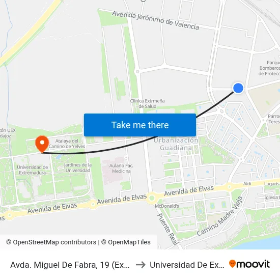 Avda. Miguel De Fabra, 19 (Exámenes Tráfico) to Universidad De Extremadura map