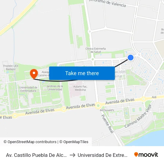 Av. Castillo Puebla De Alcocer, 2 to Universidad De Extremadura map