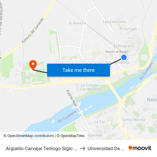 Argüello Carvajal Teólogo Siglo Xvii, 23 (C/ Canarias) to Universidad De Extremadura map