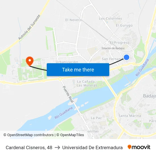 Cardenal Cisneros, 48 to Universidad De Extremadura map
