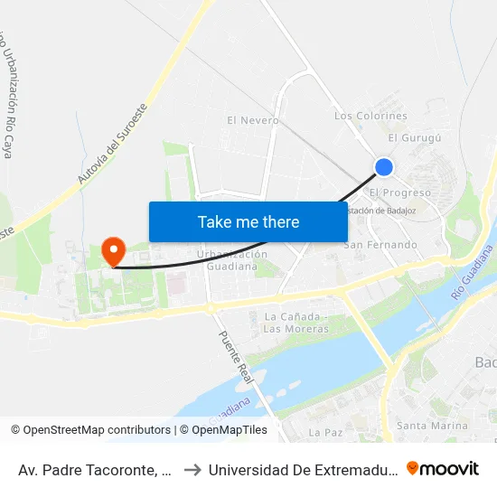 Av. Padre Tacoronte, 24 to Universidad De Extremadura map
