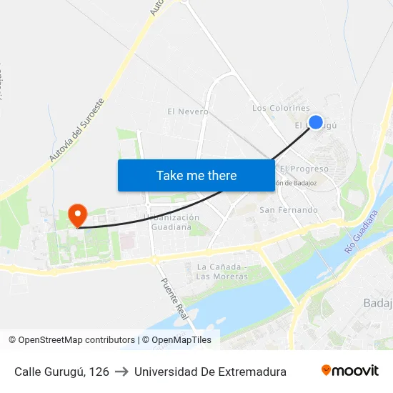Calle Gurugú, 126 to Universidad De Extremadura map