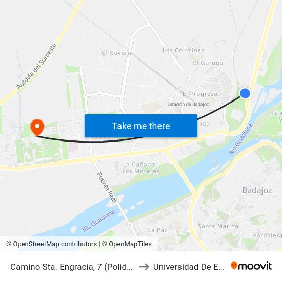 Camino Sta. Engracia, 7 (Polidep. Las Palmeras) to Universidad De Extremadura map