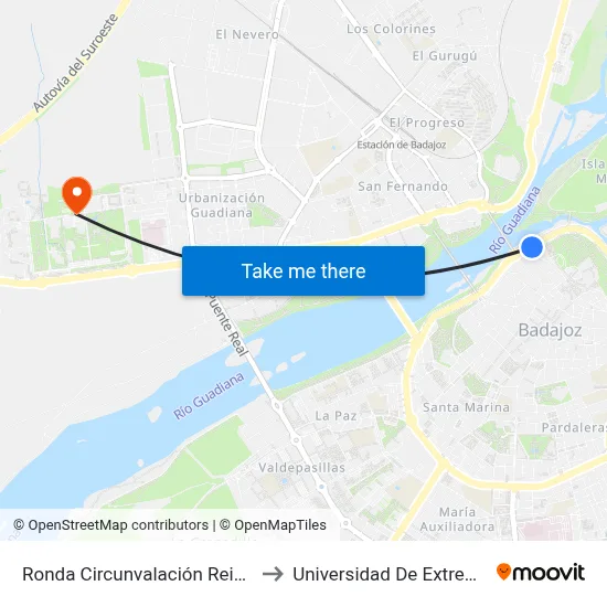 Ronda Circunvalación Reina Sofía to Universidad De Extremadura map