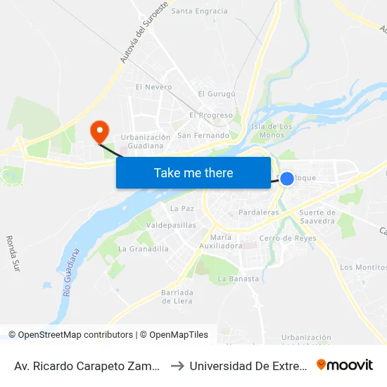 Av. Ricardo Carapeto Zambrano, 18 to Universidad De Extremadura map