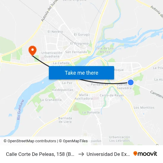 Calle Corte De Peleas, 158 (Bda. San Miguel) to Universidad De Extremadura map