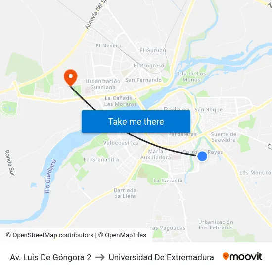Av. Luis De Góngora 2 to Universidad De Extremadura map