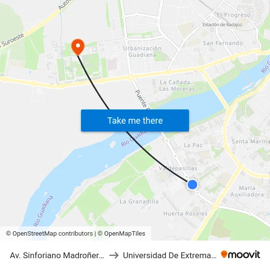 Av. Sinforiano Madroñero, 18 to Universidad De Extremadura map