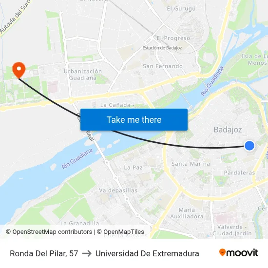 Ronda Del Pilar, 57 to Universidad De Extremadura map