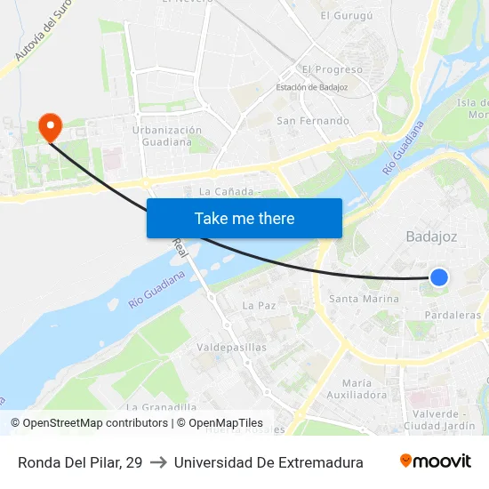 Ronda Del Pilar, 29 to Universidad De Extremadura map