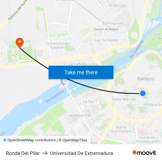 Ronda Del Pilar to Universidad De Extremadura map