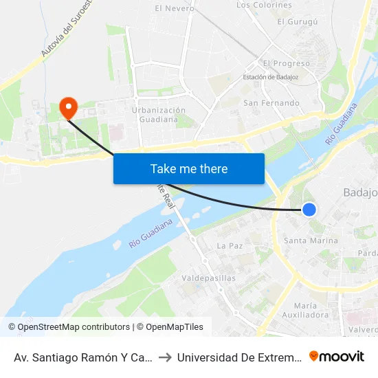 Av. Santiago Ramón Y Cajal, 11 to Universidad De Extremadura map