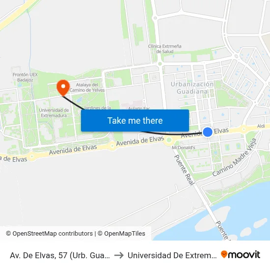 Av. De Elvas, 57 (Urb. Guadiana) to Universidad De Extremadura map