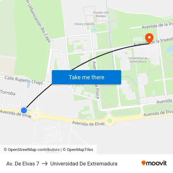 Av. De Elvas 7 to Universidad De Extremadura map