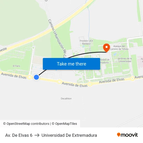 Av. De Elvas 6 to Universidad De Extremadura map