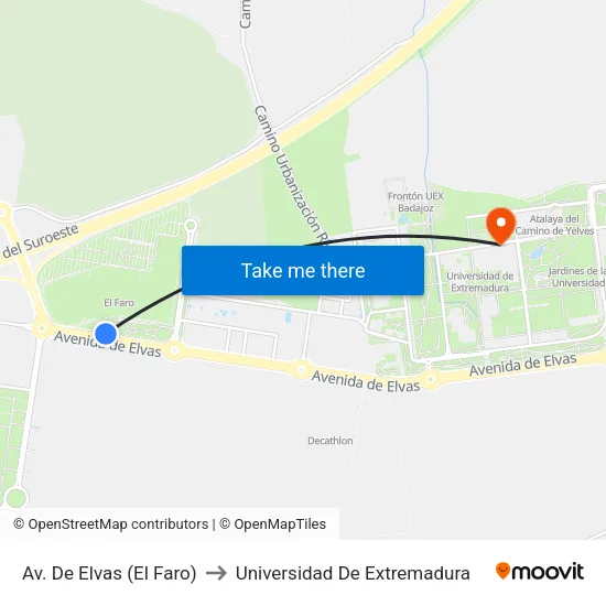 Av. De Elvas (El Faro) to Universidad De Extremadura map