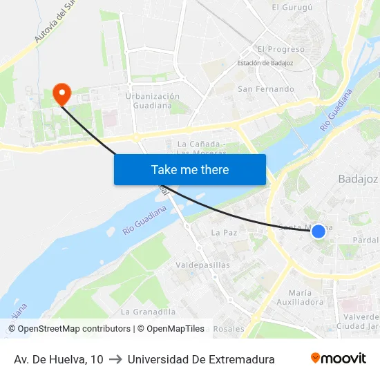 Av. De Huelva, 10 to Universidad De Extremadura map