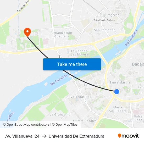 Av. Villanueva, 24 to Universidad De Extremadura map