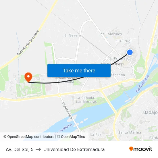 Av. Del Sol, 5 to Universidad De Extremadura map