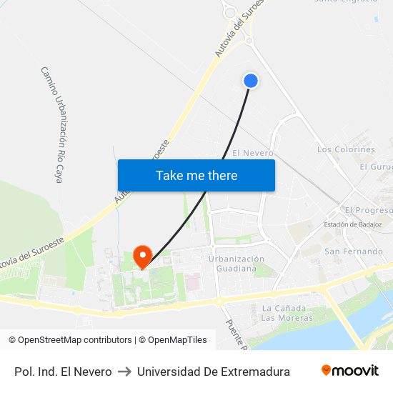 Pol. Ind. El Nevero to Universidad De Extremadura map