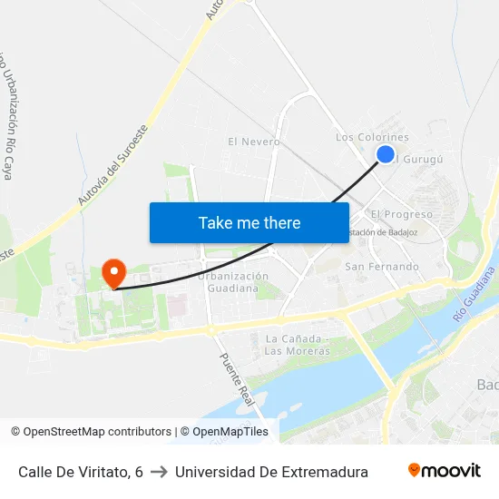 Calle De Viritato, 6 to Universidad De Extremadura map