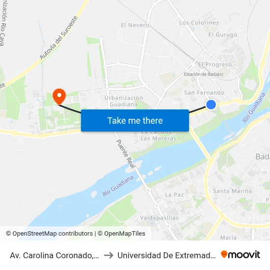 Av. Carolina Coronado, 74 to Universidad De Extremadura map