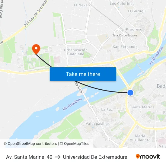 Av. Santa Marina, 40 to Universidad De Extremadura map