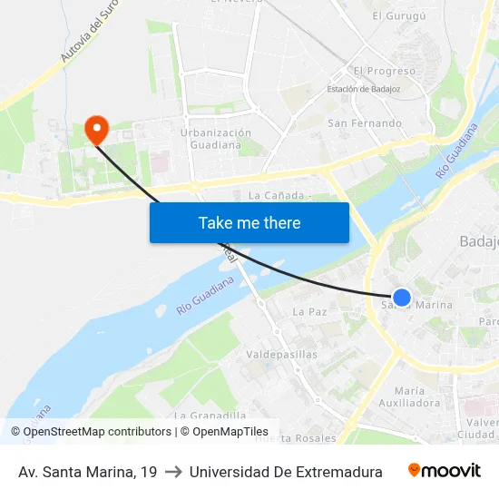 Av. Santa Marina, 19 to Universidad De Extremadura map