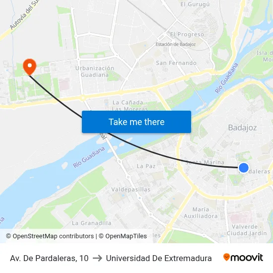 Av. De Pardaleras, 10 to Universidad De Extremadura map