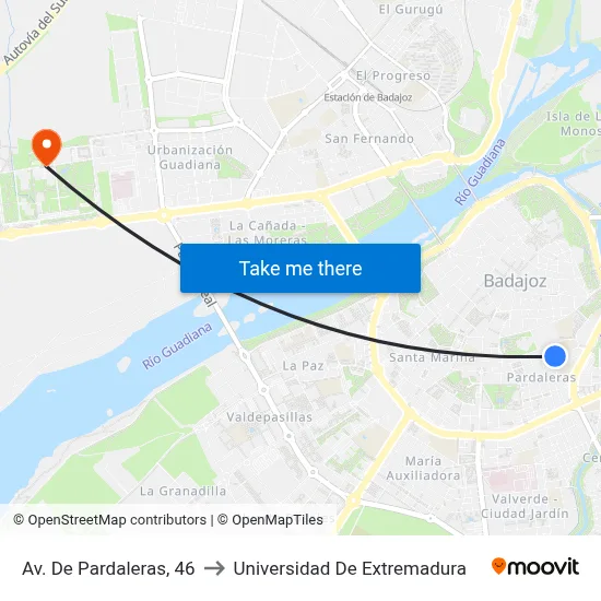 Av. De Pardaleras, 46 to Universidad De Extremadura map