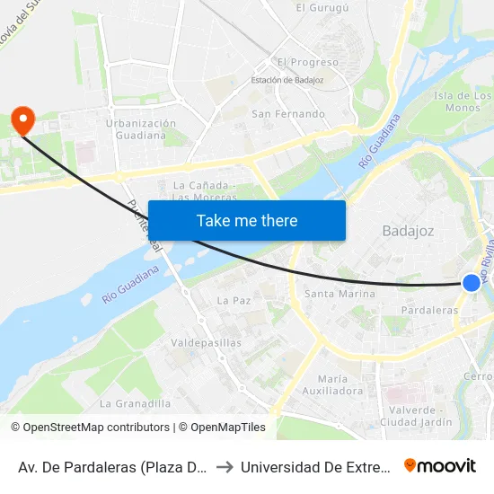 Av. De Pardaleras (Plaza De Toros) to Universidad De Extremadura map