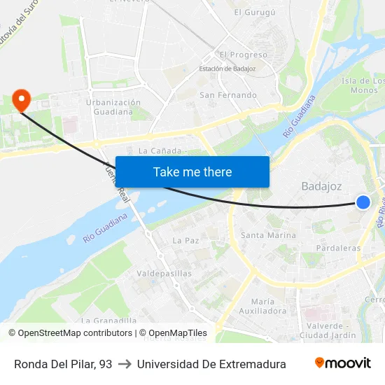 Ronda Del Pilar, 93 to Universidad De Extremadura map