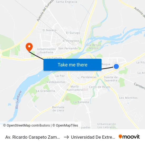 Av. Ricardo Carapeto Zambrano, 50 to Universidad De Extremadura map