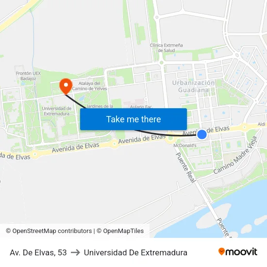 Av. De Elvas, 53 to Universidad De Extremadura map