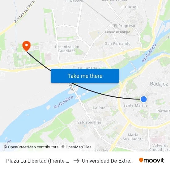 Plaza La Libertad (Frente Tubasa) to Universidad De Extremadura map