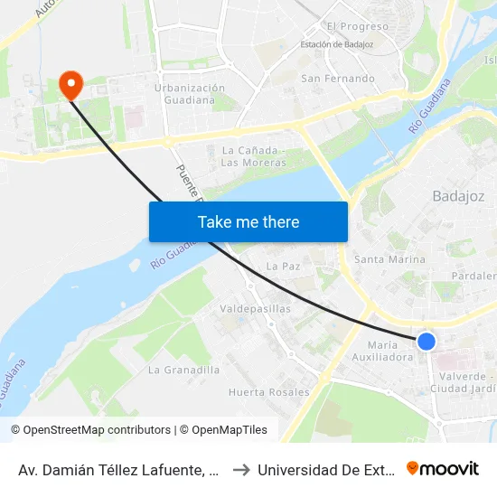 Av. Damián Téllez Lafuente, 11 (Altozano) to Universidad De Extremadura map