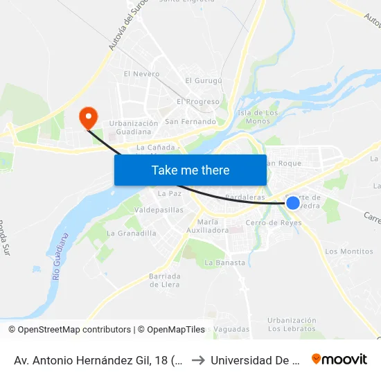 Av. Antonio Hernández Gil, 18 (Suerte De Saavedra) to Universidad De Extremadura map