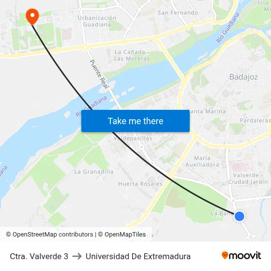 Ctra. Valverde 3 to Universidad De Extremadura map
