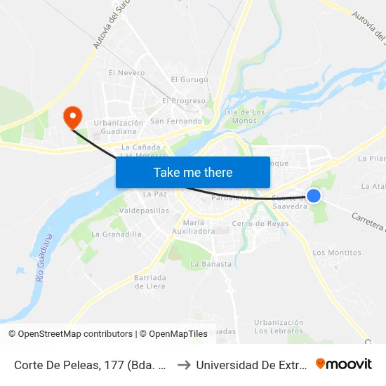 Corte De Peleas, 177 (Bda. San Miguel) to Universidad De Extremadura map