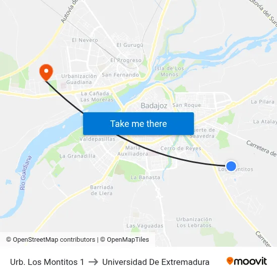 Urb. Los Montitos 1 to Universidad De Extremadura map