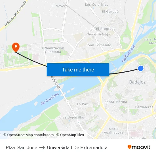 Plza. San José to Universidad De Extremadura map