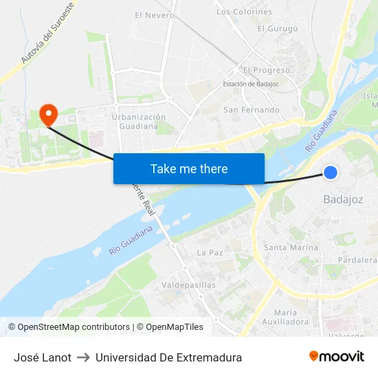 José Lanot to Universidad De Extremadura map