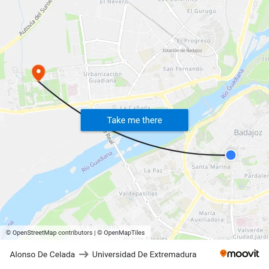 Alonso De Celada to Universidad De Extremadura map