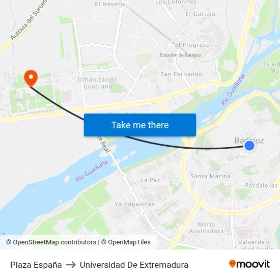 Plaza España to Universidad De Extremadura map