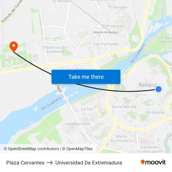 Plaza Cervantes to Universidad De Extremadura map