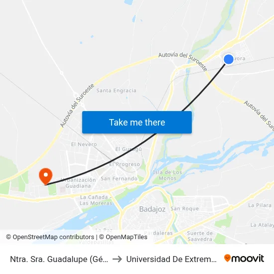 Ntra. Sra. Guadalupe (Gévora) to Universidad De Extremadura map